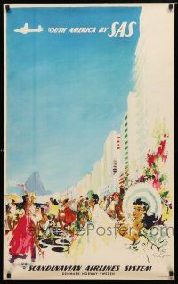 9e062 SAS SOUTH AMERICA Danish travel poster 1950s Otto Nielsen art of people celebrating in Rio!