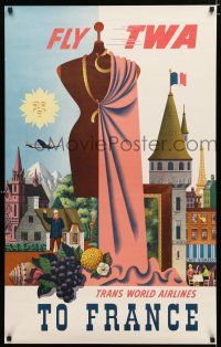 9e037 TWA FRANCE travel poster '50s cool art of French landmarks!