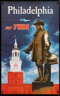 9e043 TWA PHILADELPHIA travel poster '60s Swanson art of William Penn & Independence Hall!