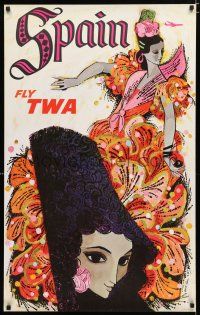 9e045 TWA SPAIN travel poster '60s David Klein art of pretty Spanish dancer!