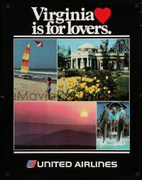 9e029 UNITED AIRLINES VIRGINIA IS FOR LOVERS travel poster '80s cool images of beach & sunset!
