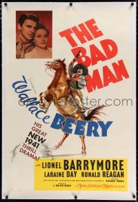 9f024 BAD MAN linen style D 1sh '41 art of Wallace Beery on horse + Ronald Reagan & Laraine Day!