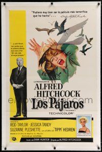 9f044 BIRDS linen Spanish/U.S. 1sh '63 Alfred Hitchcock, Tippi Hedren, classic art of attacking avians!