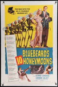 9f050 BLUEBEARD'S 10 HONEYMOONS linen 1sh '60 wild art of George Sanders with skeleton brides!