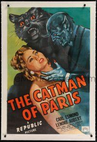 9f065 CATMAN OF PARIS linen 1sh '46 really cool horror art of feline monster attacking sexy girl!