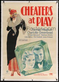 9f067 CHEATERS AT PLAY linen 1sh '32 stone litho of Thomas Meighan & Greenwood in giant emerald!