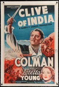 9f072 CLIVE OF INDIA linen int'l 1sh '35 cool art of Ronald Colman with sword, Loretta Young!