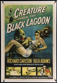 9f078 CREATURE FROM THE BLACK LAGOON linen 1sh '54 art of monster holding sexy Julie Adams!