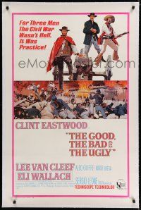 9f131 GOOD, THE BAD & THE UGLY linen 1sh '68 Clint Eastwood, Lee Van Cleef, Sergio Leone, cool art!