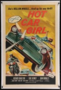 9f151 HOT CAR GIRL linen 1sh '58 she's Hell-on-wheels, fired up for any thrill, classic image!