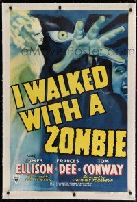 9f158 I WALKED WITH A ZOMBIE linen 1sh '43 classic Lewton & Tourneur, incredible artwork!
