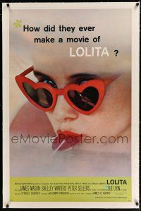 9f199 LOLITA linen 1sh '62 Stanley Kubrick, Stern photo of Sue Lyon with heart sunglasses & lollipop