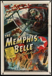 9f218 MEMPHIS BELLE linen 1sh '44 William Wyler legendary WWII documentary, bomber & gunner art!