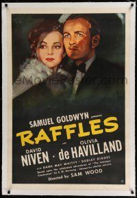 9f273 RAFFLES linen 1sh '39 great art of jewel thief David Niven & pretty Olivia de Havilland!