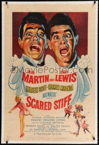 9f293 SCARED STIFF linen 1sh '53 wacky artwork of terrified Dean Martin & Jerry Lewis!