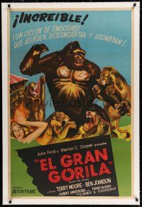 9g248 MIGHTY JOE YOUNG linen Argentinean R50s 1st Harryhausen, great art of ape attacked by lions!