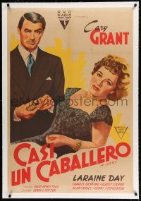 9g251 MR. LUCKY linen Argentinean '43 art of Cary Grant with stack of gambling chips & Laraine Day!
