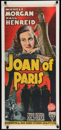 9g170 JOAN OF PARIS linen Aust daybill '42 different art of Michele Morgan, occupied France in WWII
