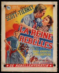 9g315 BELLE STARR linen Belgian '40s artwork of pretty Gene Tierney w/ Randolph Scott & drawing gun!