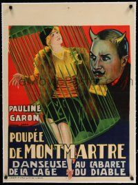 9g309 DEVIL'S CAGE linen pre-War Belgian '28 cool art of sexy Pauline Garon in birdcage by Devil!