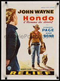 9g332 HONDO linen Belgian '53 3-D, art of John Wayne & his dog standing by censored Geraldine Page!