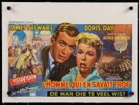 9g343 MAN WHO KNEW TOO MUCH linen Belgian '56 Alfred Hitchcock, art of James Stewart & Doris Day!