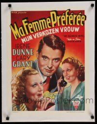 9g344 MY FAVORITE WIFE linen Belgian '47 different art of Cary Grant, Irene Dunne & Gail Patrick!