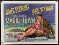 9g141 MAGIC TOWN linen British quad '47 romantic art of pollster James Stewart & pretty Jane Wyman!