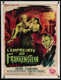 9g148 EVIL OF FRANKENSTEIN linen French 23x32 '65 Cushing, Hammer, different Grinsson monster art
