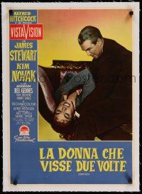 9g298 VERTIGO linen Italian photobusta '58 Hitchcock, c/u James Stewart choking brunette Kim Novak!