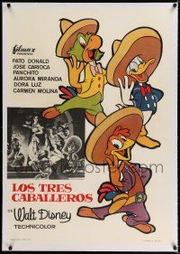 9g211 THREE CABALLEROS linen Spanish R63 Disney, cartoon art of Donald Duck, Panchito & Joe Carioca!
