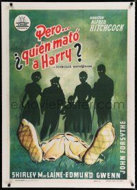 9g213 TROUBLE WITH HARRY linen Spanish '60 Alfred Hitchcock, different art of silhouettes over body!