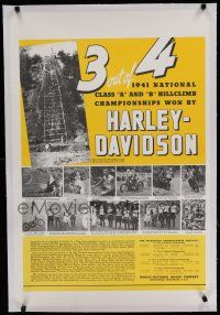 9g369 HARLEY-DAVIDSON linen REPRO 23x35 advertising poster '41 class A & B hillclimb champion!