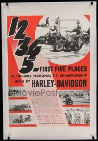 9g370 HARLEY-DAVIDSON linen REPRO 23x35 advertising poster '90s 100 mile National T.T. Champion!