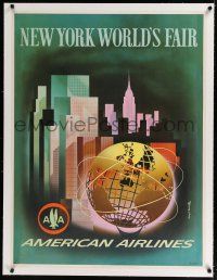 9g002 AMERICAN AIRLINES NEW YORK WORLD'S FAIR linen travel poster 1964 art by Henry K. Benscathy!