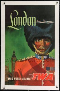 9g003 TWA LONDON linen travel poster '50s cool art of British royal guard & plane!