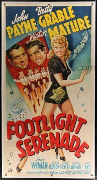 9h129 FOOTLIGHT SERENADE linen style A 3sh '42 stone litho of Betty Grable, Victor Mature & Payne!
