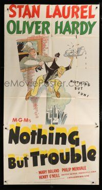 9h278 NOTHING BUT TROUBLE 3sh '45 great Al Hirscfeld art of Stan Laurel & Oliver Hardy!