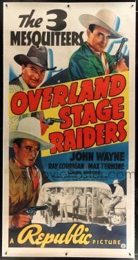 9h138 OVERLAND STAGE RAIDERS linen 3sh '38 John Wayne in The Three Mesquiteers w/Corrigan & Terhune