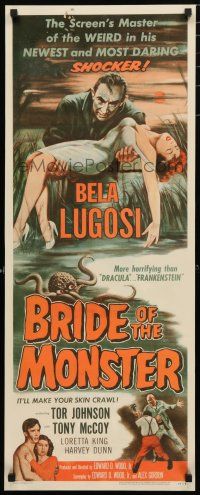 9h163 BRIDE OF THE MONSTER insert '56 Ed Wood, great art of Bela Lugosi carrying sexy girl!