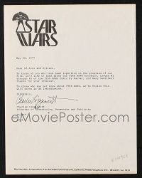 9h014 STAR WARS exhibitor brochure + letter '77 two old style logos, great content in letter!