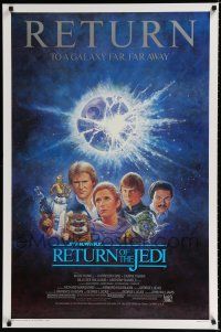 9h072 RETURN OF THE JEDI 1sh R85 George Lucas classic, great cast montage art by Tom Jung!
