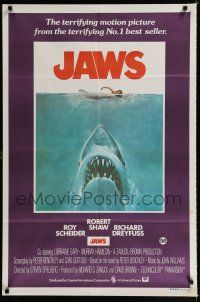 9j245 JAWS Aust 1sh '75 art of Steven Spielberg's classic man-eating shark attacking sexy swimmer!