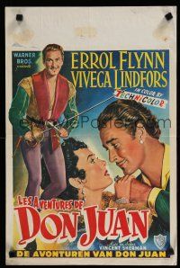 9j404 ADVENTURES OF DON JUAN Belgian '49 cool art of Errol Flynn in a breathless adventure!
