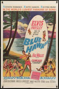 9j084 BLUE HAWAII 1sh '61 Elvis Presley plays a ukulele for sexy babes by the beach!