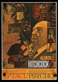 9j453 BIRDS/PSYCHO Czech 11x16 '70 wonderful montage art showing director Alfred Hitchcock!