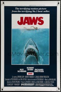 9j035 JAWS 1sh '75 Roger Kastel art of Spielberg's classic man-eating shark attacking swimmer!