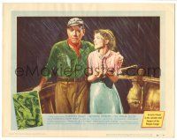 9j147 AFRICAN QUEEN LC #3 '52 Humphrey Bogart & Katharine Hepburn on boat drenched in the rain!