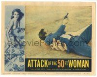 9j151 ATTACK OF THE 50 FT WOMAN LC #5 '58 wacky fx image of giant hand grabbing Hudson with gun!