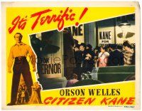 9j155 CITIZEN KANE LC '41 Orson Welles, Ruth Warrick & son outside campaign rally, unrestored!
